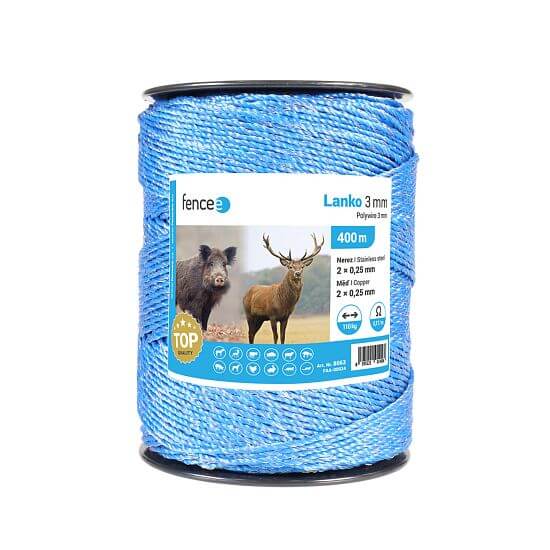 Linka do pastucha elektrycznego, średnica 3 mm, niebieska, długość 400 m, 0,17 Ω/m