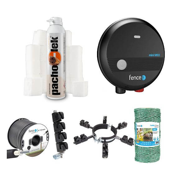 Zestaw ogrodzenie zapachowe i elektryczny pastuch do ochrony przed szkodnikami kuna, łasica - elektryzator - linka 100 m