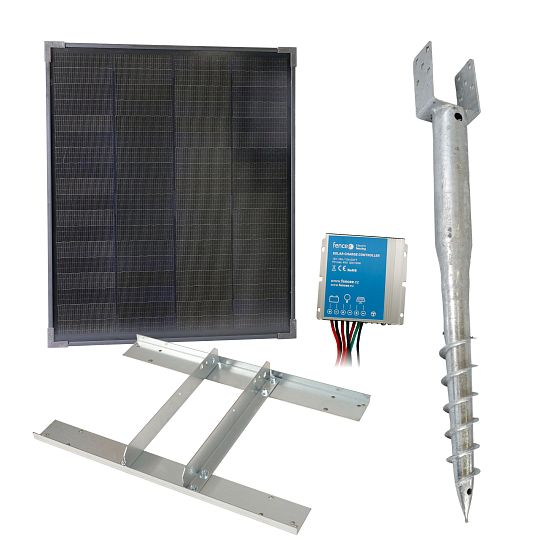 Podstawowy zestaw ogrodzenia solarnego - uchwyt śrubowy do podłoża, sterownik 10 A, wspornik i panel 40 W