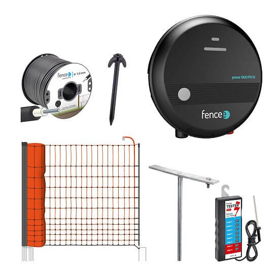 Zestaw ogrodzenia elektrycznego dla drobiu - ochrona przed lisem, kuną, kotem - elektryzator - siatka 50 m, 112 cm