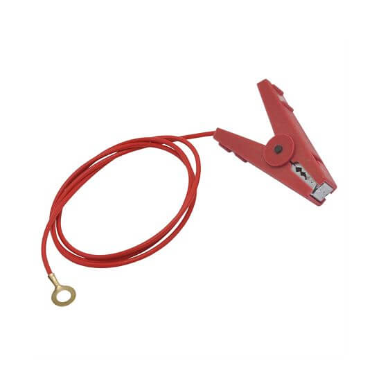 Czerwony kabel połączeniowy z zaciskiem krokodylowym, oczko 8 mm, długość 100 cm