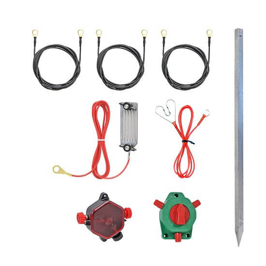 Zestaw zasilania ochronnego do uziemienia ogrodzenia elektrycznego z odgromnikiem i wyłącznikiem