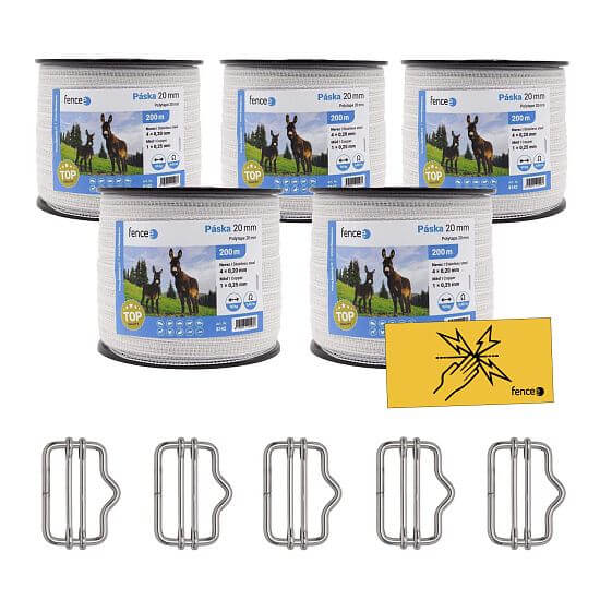 Zestaw z białą taśmą ogrodzeniową 20 mm 0,45 Ω/m + złącza taśmy + znaki ostrzegawcze