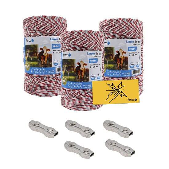 Zestaw linka do pastucha  3 mm + podwójne złącza drutu + znaki ostrzegawcze