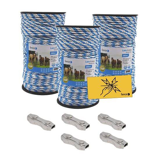 Zestaw z liną ogrodzeniową 6 mm 0,4 Ω/m + podwójne złącza + znaki ostrzegawcze