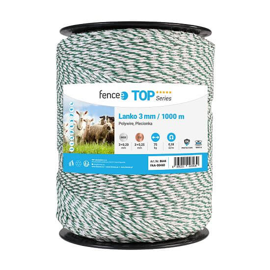 Linka do pastucha elektrycznego, średnica 3 mm, zielono-biała, długość 1000 m, 0,1 Ω/m